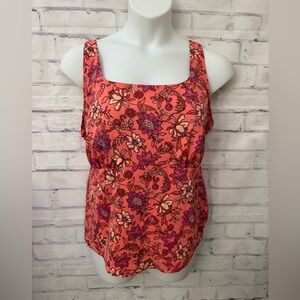 Lands' End Size 24W Square Neck Underwire Tankini Swimsuit Top Orange Floral